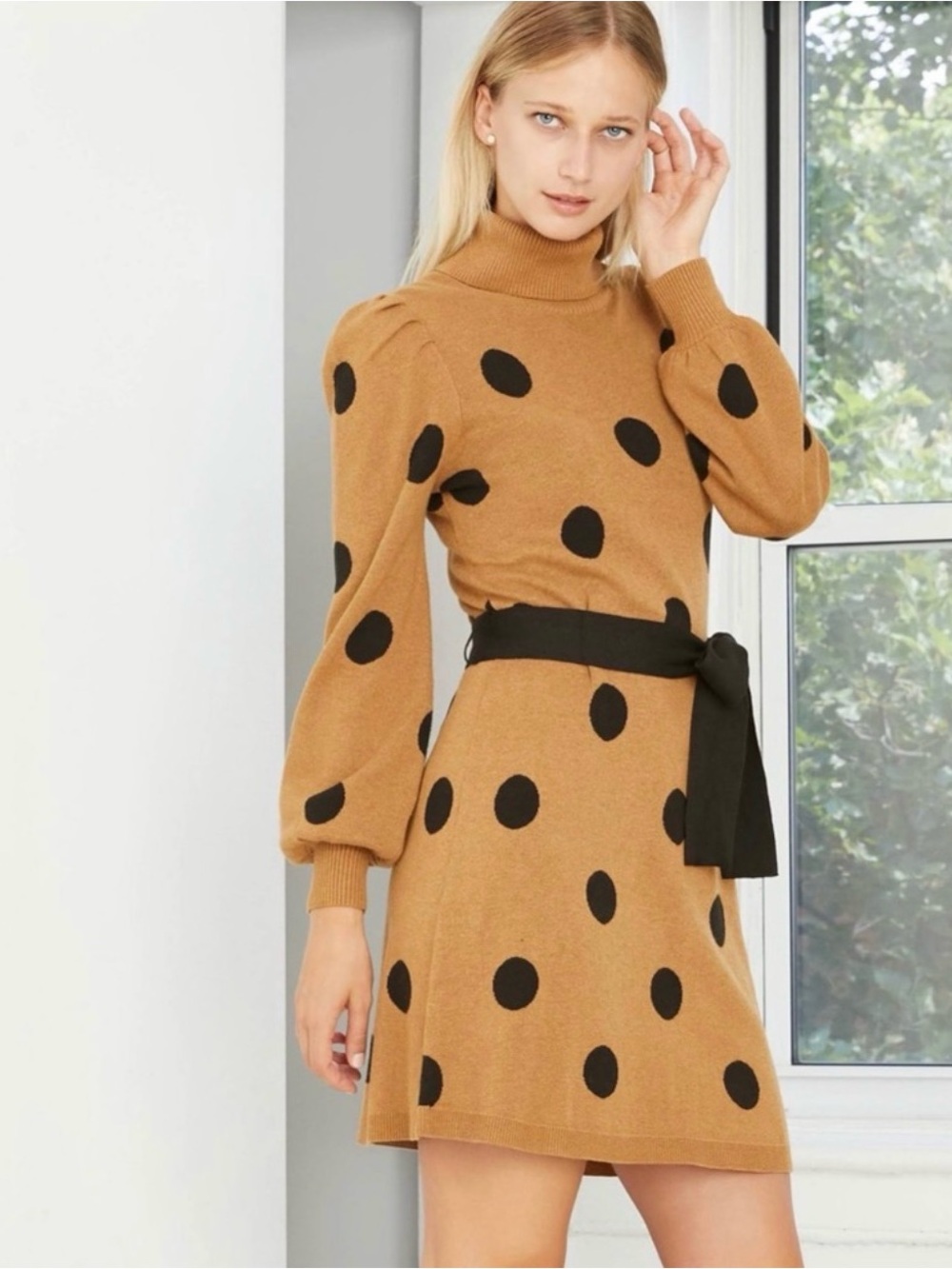 Who What Wear S Camel Black Polka Dot Turtleneck Sweater Dress Puff Sleeve